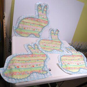 Fabric Easter Bunny Rabbit (4) Placemats with Rick Rack, stripes- quilted look,
